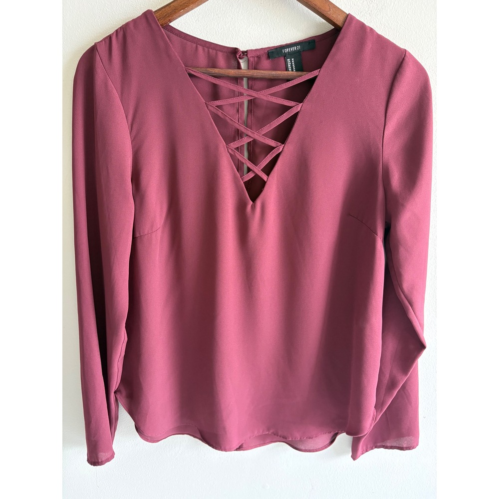 Forever 21 Burgundy Lace-Up V-Neck Long Sleeve Blouse